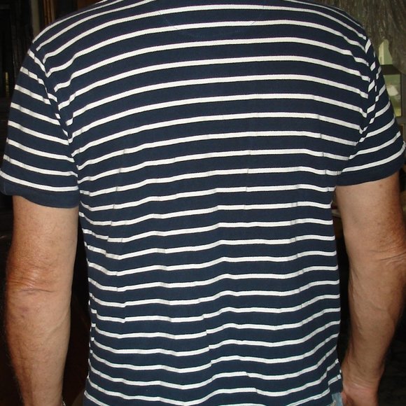 Basic Editions Classic Fit Mens White & Black Striped Short Sleeve Polo Size LG - Picture 3 of 5